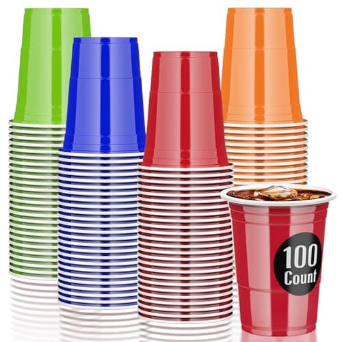 Image of AOLUXLM Reusable Plastic Cups - 25 Red Cup + 25 Blue + 25 Green + 25 Orange + 10 PingPong Balls for Games, 100 Disposable Cups for Christmas, New Year's Eve, Wedding （ 473ml/ 16oz