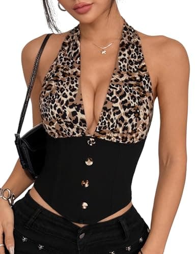 Image of Adigau Ladies' Festival Halter Tank Club Leopard Print Vest Slim V Neck Vests Cropped Low Cut Tops Fashion Strappy Top Black M