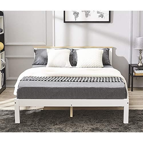 Image of Panana Double Bed Frame for Adults Kids Childeren, 4FT6 Solid Pine Wood Bed, Without Footboard, Suits135 * 190cm Mattress (White+Wood)