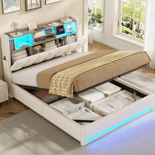 Image of AOGLLATI Ottoman Double Bed Frame,4ft6 Upholstered Storage Bed with Hydraulic Storage and Charging Station Upholstered Platform Bed frame with Storage Headboard & Led Lights (Beige, Double-135x190cm)
