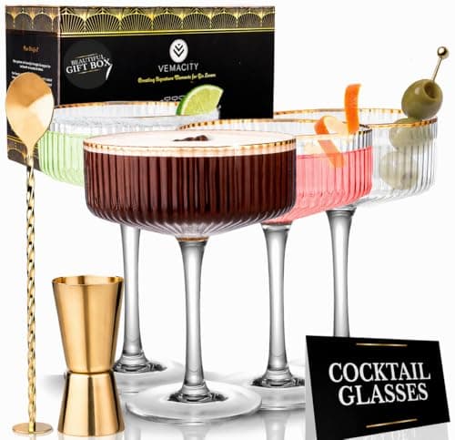 Image of Vemacity Ribbed Espresso Martini Glasses | Gold Rims, Spoon & Jigger | 300ml Cocktail Glasses | Champagne Coupe Glass | Coupe Glasses Set of 4 | Large Cocktail Glass | Espresso Martini Gift Set