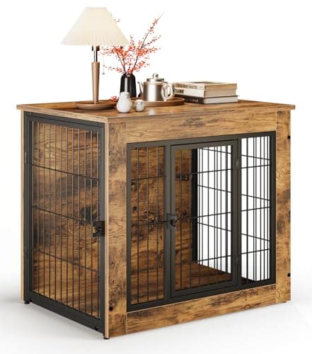 Image of Fellie Medium Dog Crate - Furniture Style End Table, Double Doors, Adjustable Feet, Rustic Brown, 69x51x60cm