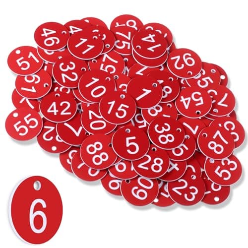 Image of Tenare 1-100 Plastic Table Numbers Key Number Cloakroom Tags Waterproof Small ID Tags with Hole for Restaurant Cafe Outdoor Car Dormitory Lockers Hotel, Without Key Rings(Red, White)