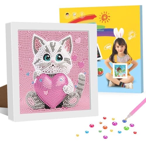 Image of GHHKUD Diamond Painting with Frame for Children, Cat Diamond Painting Set, Pictures with Gift Box, for 8-12 Years, Art Craft for Home Decor - 18 x 18 cm