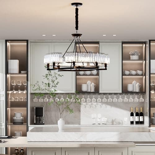 Image of Vrygle Industrial Crystal Chandelier: 80cm Round Luxury Ceiling Pendant Light Fixture with 6 Bulbs 3 Lighting Colors Matte Black Metal Frame for Living Room, Kitchen Island, Dining Room
