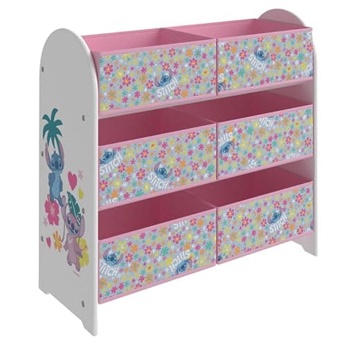 Image of Disney Stitch Kids Toy Storage Unit with 6 Fabric Cube Boxes – 3 Tier Lilo and Stitch Bedroom Organiser for Children, Officially Licensed Pink Floral Nursery Playroom Shelf for Toys, Books, Clothes