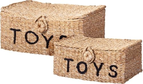 Image of Jack Stonehouse JSH Natural Storage Toy Baskets Set of 2 | Natural Seagrass & Jute Home Organiser Box | Perfect For Kids Toys Blankets Towels Playroom Nursery Bedroom | Large & Small 39cm & 34cm