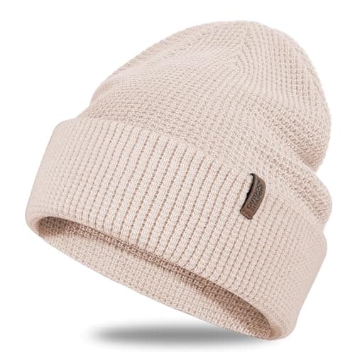 Image of Soft Merino Wool Blend Knit Cuffed Beanie for Men Women Winter Warm Ski Skull Caps Warm Beige