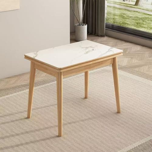 Image of QTQHOME Foldable Dining Table for 4, Expanding Kitchen Table with Wooden/Sintered Stone Drop Leaf for Dining Room Living Room, Rotating Design 35.43 to 47.24in(35.43 * 23.62 * 30.7in, C)