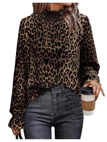 Image of GORGLITTER Women's Leopard Print Frilled Mock Neck Blouses Ruffle Long Sleeve Elegant Going Out Shirts Brown Small