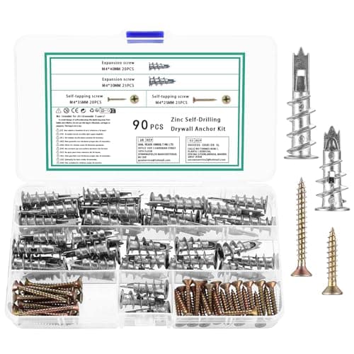 Image of 90 Pcs M4 Self Drilling Plasterboard Fixings Heavy Duty, Metal Plaster Board Wall Plugs and Screws Fixings, Drywall Hollow Cavity Wall Fixings Anchors Raw Plugs with Screws and Wall Plugs Set