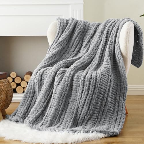 Image of Battilo Chunky Knit Blanket Throw, 125x150cm Handmade Knitted Throw Blanket, Soft Thick Chenille Yarn Crochet Blankets Light Grey Throws for Sofa Bed Couch Home Decor