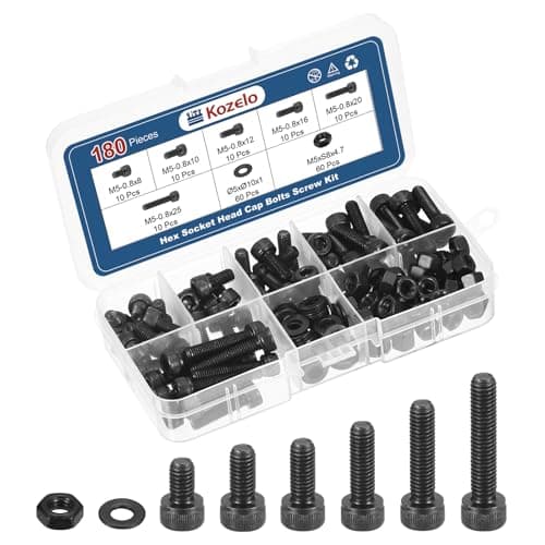Image of Kozelo 180pcs M5 Socket Head Cap Screws Bolts Nuts Assortment Kit - [M5x8/10/12/16/20/25mm] Alloy Steel Fully Threaded Black Oxide 12.9 Internal Hex Screw for 3D Printer Use, with Wrench