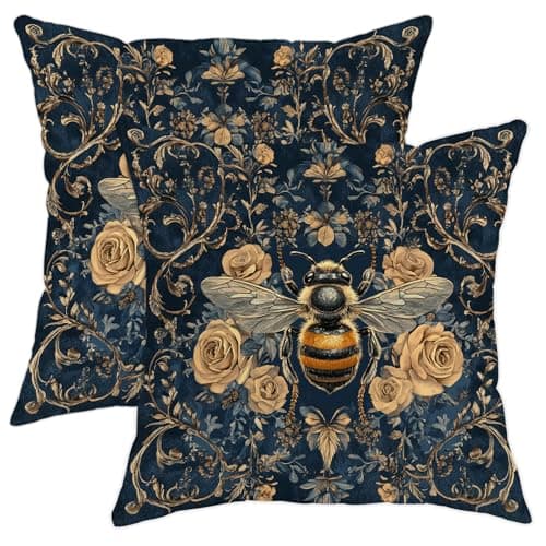 Image of Bee Decorative Pillow Covers Set of 2, Navy Blue Floral Bees Throw Pillow Cases, Autumn Farmhouse Cushion Covers for Home Sofa Bed Couch 16x16 Inch