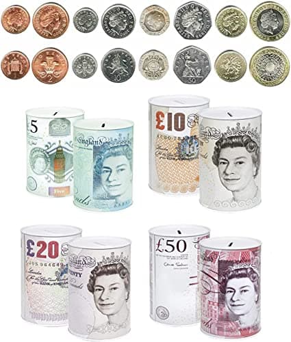 Image of Karrma Ltd. Money Tin Pound Notes Design (10.2–15cm) | Metal Money Saving Box for Coins & Cash | Printed Banknote Design £5 £10 £20 £50 | Secure Piggy Bank | Assorted Random Style