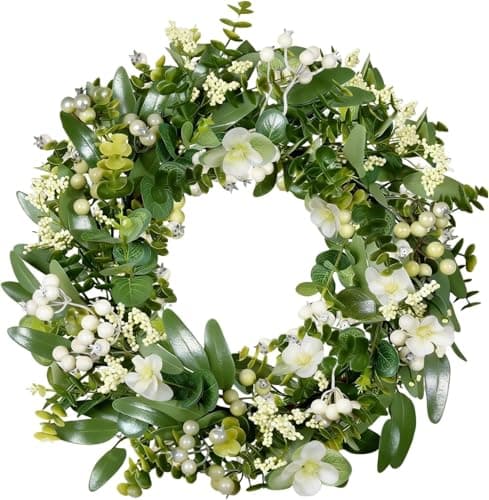 Image of 46 cm/18 inch Artificial Eucalyptus Wreath for Front Door, Spring Summer Green Wreath, Lifelike Artificial Door Wreaths Decoration for Farmhouse, Wedding, Party, Home, Window, Wall, Garden, Fireplace