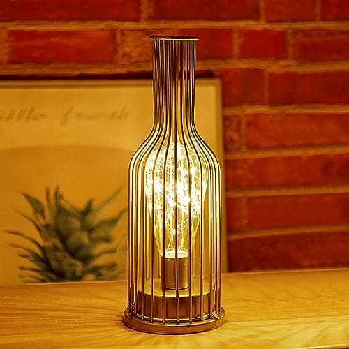 Image of MUCHER Metal Cage Table lamp Battery Powered Night Light with LED Fairy Starry String Lights for Bedroom Home Weddings Parties Patio Indoors Outdoors(Bottle Shape) Gold