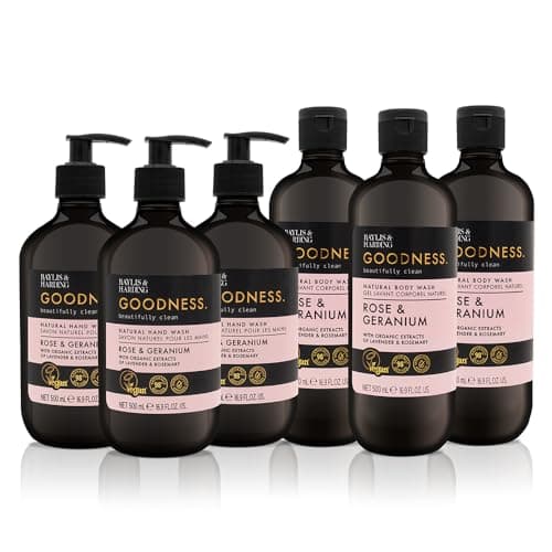 Image of Baylis & Harding Goodness Rose & Geranium Toiletries Bundle: 3 x 500 ml Hand Wash & 3 x 500 ml Body Wash (6 bottles) - Vegan Friendly