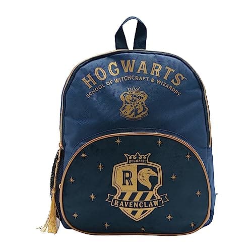 Image of Warner Bros Harry Potter Ravenclaw Alumni Backpack – Official Blue Hogwarts School Bag with Gold Printed Crest, Tassel Zip, Felt Pocket & Water Bottle Pouch – Kids, Teens & Fans School Backpack
