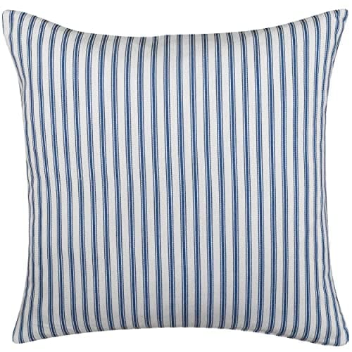 Image of Linen Loft Nautical Cotton Ticking Stripe Cushion Cover. Seaside Inspired Navy Blue and Bright White Marine Stripe Design. 17x17 Square Cushion Cover Only.