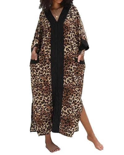 Image of Bsubseach V Neck Kaftan Dresses for Women Summer Swimwear Beach Coverups Fashion Resort Wear Leopard