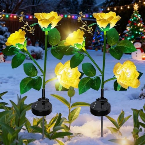 Image of XVZ Solar Outdoor Garden Lights, 2 Packs Solar Flower Garden Stake Lamps with 6 Rose Waterproof Decorative Lights for Lawm Garden Patio Yard Pathway Party Decoration(Yellow)