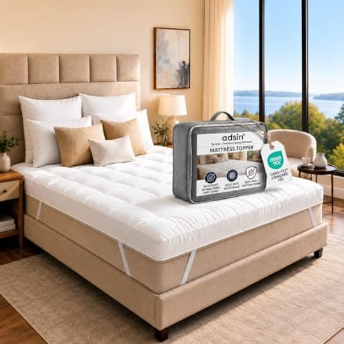 Image of Adsin Luxury Hotel Quality Mattress Topper Double Size–10CM Extra Thick Quilted Mattress Topper for Double Bed, Soft Breathable Anti-Allergy Microfibre Fill for Added Comfort and Support, 135 x 190 cm
