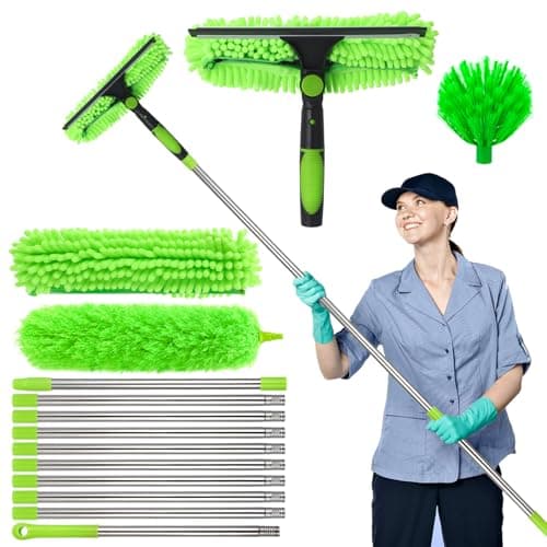 Image of saerryor 4.25 M Window Squeegee Cleaning Kit,3-in-1 Telescopic Window Cleaner with 10 Extension Pole,Silicone Squeegee&3 Cloths,Window Cleaning Equipment for Home Car