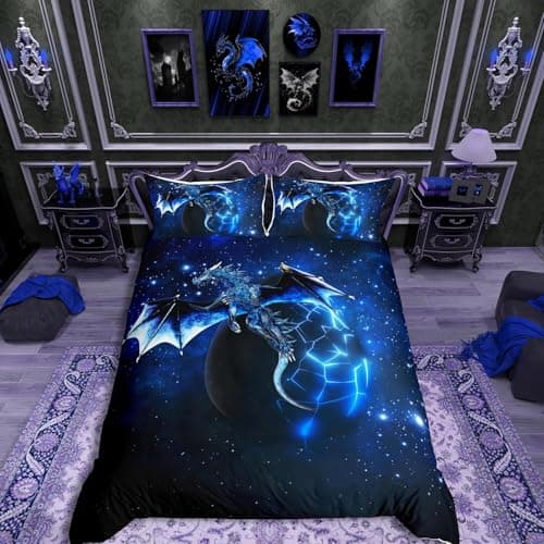 Image of Homemissing Galaxy Dragon Duvet Cover Kids Outer Space Starry Sky Bedding Set Jungle Animals Dragon Bedding & Linen for Boys Child Teens Blue Black Bedding & Linen Double Size