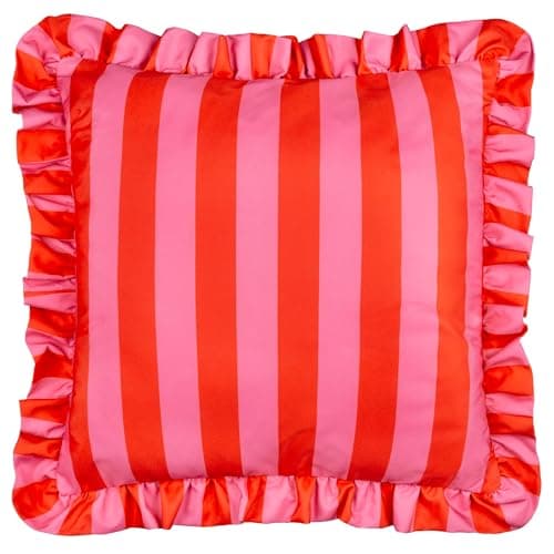 Image of furn. Palm Royale Stripe Polyester Filled Cushion – Water Resistant Bold Striped Ruffle Trim Outdoor Decorative Pillow (Pink/Red – 50x50cm)