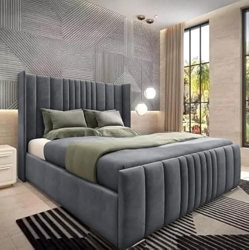 Image of 6FT Super King Wingback Bed Frame With Headboard Upholstered In Dark Grey Plush Velvet Frame Wooden Slats - No Storage - No Mattress (Dark Grey, 6FT Super King Bed Frame)