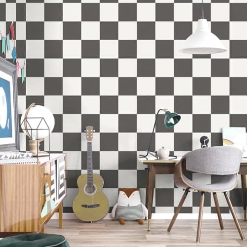 Image of SOPHIE LAURENCE Charcoal and White Check Wallpaper – Smooth Flat Finish | Modern Feature Wall Pattern for Kids’ Bedroom