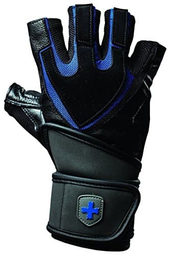 Image of Harbinger Men's Tech Training Grip Wrist Wrap Weight Lifting Gloves, Gel-Padded Leather Palm, Fitness, Black/Blue, M, Medium