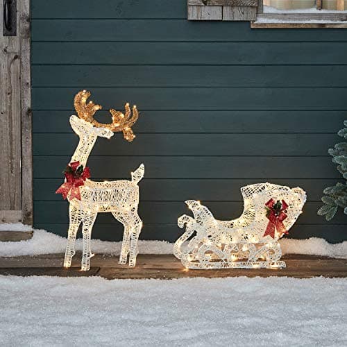 Image of Lights4fun Outdoor Reindeer & Sleigh Light Up Christmas Figure Garden Decoration with 160 Warm White LEDs & Timer 70cm