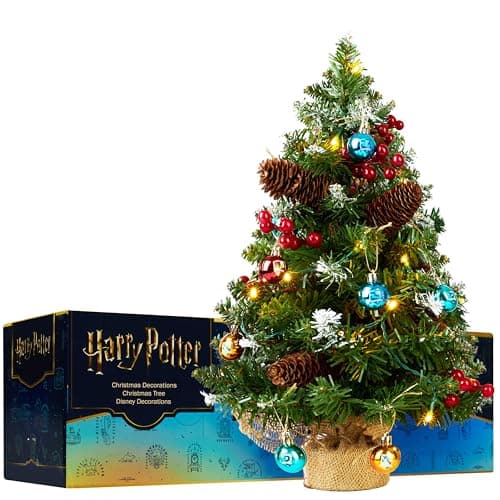 Image of Harry Potter Christmas Tree with 12 Baubles, 1.67ft Pre-lit Mini Artificial Tree with LED White String Lights Frosted Tips, Tabletop Xmax Gifts (Multi Harry Potter)