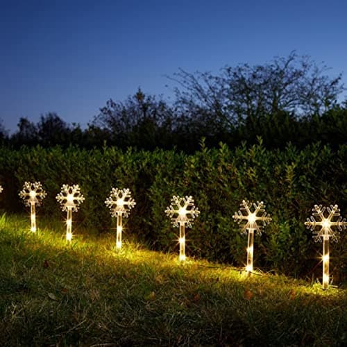 Image of Marco Paul Novelty Set of 8 Christmas Snowflake Stakes Lights - Tall 35cm Lights with 40 LED's Christmas Outdoor Decorations Battery Operated Lights Festive Xmas Decorations for Garden Pathway, Lawn