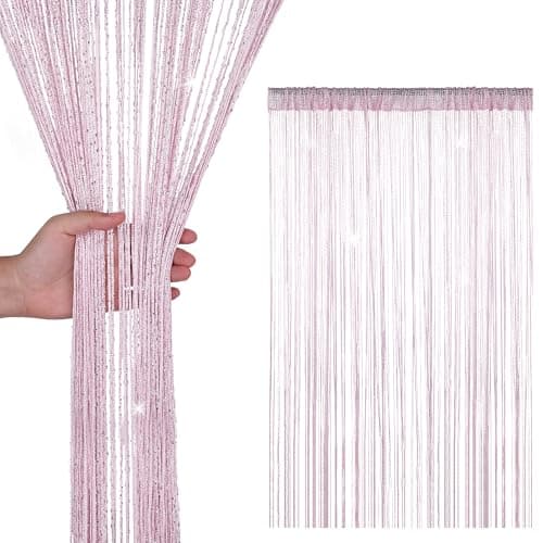 Image of WedDecor Pink String Curtains Glitter Fringe Panel Fly Screen Room Divider Tassel Curtain for Doors, Doorway, Windows, Home Décor, Event Decoration, (90cm x 200cm)