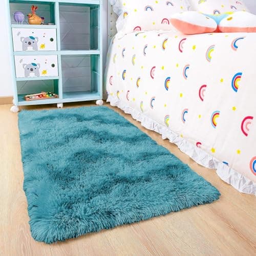 Image of BedLooms Rugs Living Room Small 50x80 CM – Tie-Dye Teal Area Rugs for Bedroom Anti Slip – Modern Super Soft Plush Carpets Fluffy Shaggy Rug for Lounge – Non Shedding Bedside Rug for Kids Room