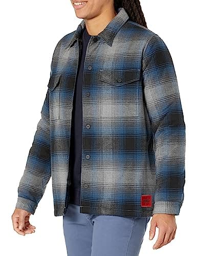 Image of Hugo Boss Men's Washed Twill Patch Pockets Button Down Overshirt, Navy Flannel, Large