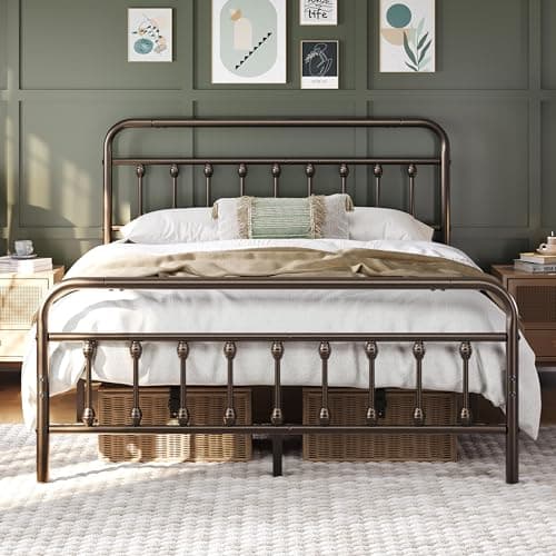 Image of Yaheetech 5ft King Bed Frame Vintage Iron Platform Bed with High Headboard and Footboard, Strong Metal-Framed Bed with Storage Bronze