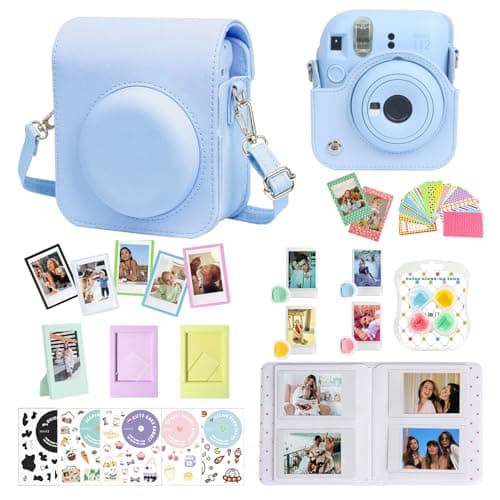 Image of CAIYOULE Accessories for Fuji Instax Mini 12 Camera, Accessory Bundle Include PU Leather 12 Case, Mini Picture Album, Frames, DIY Stickers, Color Filter (No Camera) - Pastel Blue