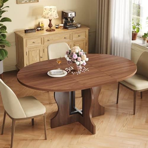 Image of Mondeer Extendable Round Dining Table, 110-150cm Kitchen Oval Dining Table for 4-8 with Heavy Duty Wood Base and Hidden Extension Storage Space Saving, for Kitchen Living Room (Walnut)