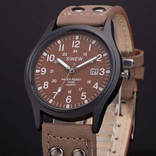 Image of Vintage Waterproof Sport Classic Men's Quartz Strap Leather Watch Date Men's Watch Solar Atomic Watches for Men (Coffee, One Size)