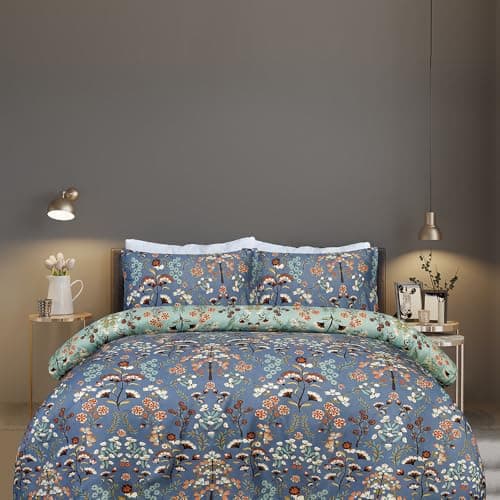 Image of Sleepdown Folk Floral Blue Duvet Set, Super Soft, Reversible Design Single Duvet Cover (135 X 200 CM), Button Fastening, 100% Polyester Microfibre Bedding Set with Pillowcase