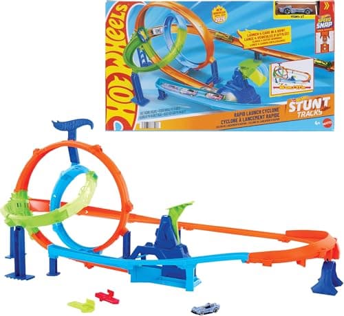 Image of Hot Wheels Toy Car Track Set, Stunt Tracks Rapid Cyclone Playset with 1:64 Scale Die-Cast Vehicle, 2 Loops & 2 Crash Zones, Speed Snap Track, JHK73