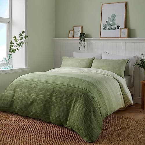 Image of Fusion Contemporary Ombre Green Duvet Cover Set – King Size (230 x 220cm) – Reversible Sage & Light Green Stripe Bedding – Soft Fabric Quilt Cover with 2 Pillowcases – Green Lines Design