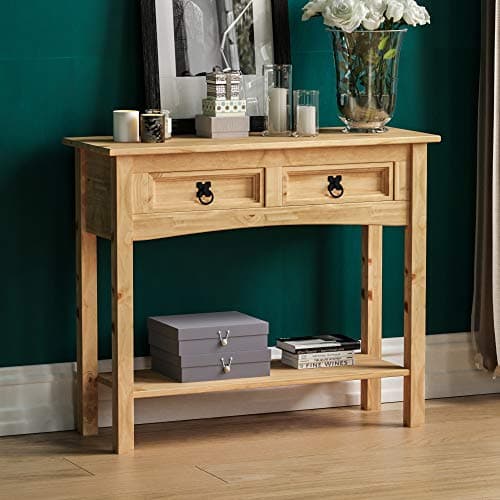 Image of Vida Designs Console Table, 2 Drawer With Shelf, Rectangular, Waxed Solid Pine Wood, Traditional, Rustic, 31 x 83 x 70