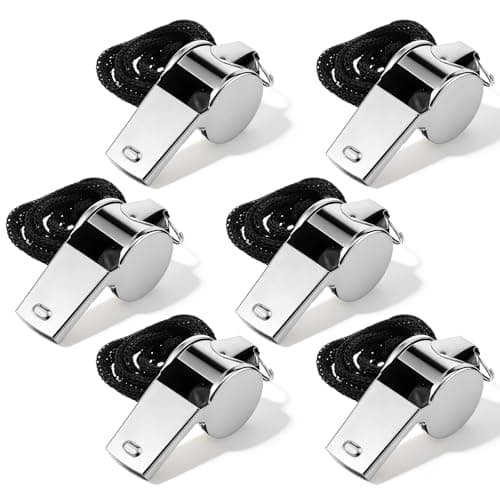 Image of TIESOME 6 Pcs Coaching Whistle, Stainless Steel Whistles for Adults With Lanyard, Very Loud Coach Referee Whistle for Sports, PE Teachers, Basketball, Volleyball, Personal Safety (Silver)
