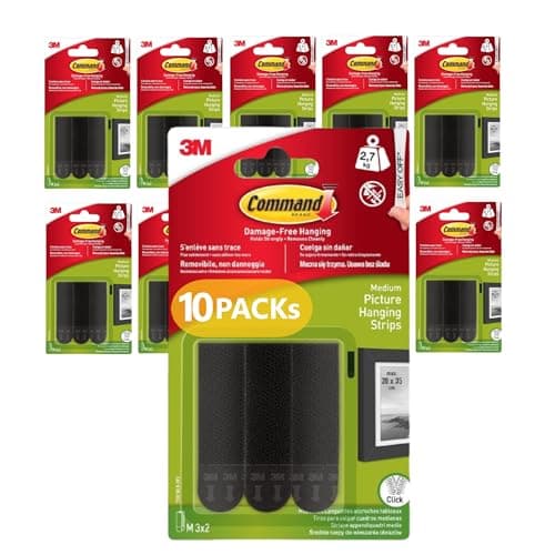 Image of Command Picture Hanging Strips, Medium, 10 Packs of 3 Pairs (60 Strips) Black – for Pictures, Frames, Mirrors & Wall Décor – Damage-Free Hanging