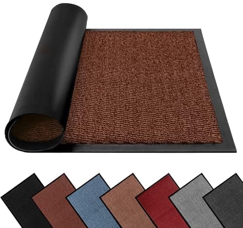 Image of FB FunkyBuys Washable Dirt Trapper Door Mats Indoor & Outdoor, Heavy Duty Non Slip Doormats, Rubber Backed Floor Mat, Super Absorbent Front Door Mat, Entrance Rug (Rust-waved, 40cm x 60cm)
